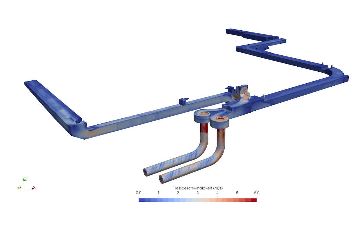 2-phase simulation of drainage channels with a vortex drop shaft of a water treatment plant, Canton Basel
