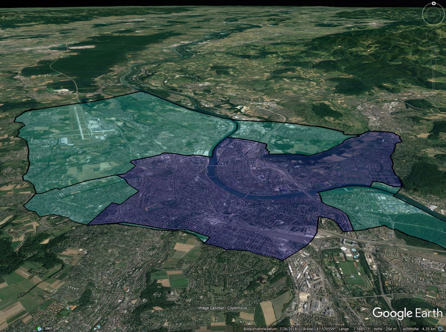 Zones modélisées (bleu foncé : Bâle-Ville, bleu clair: Bâle Campagne, Allemagne, France)