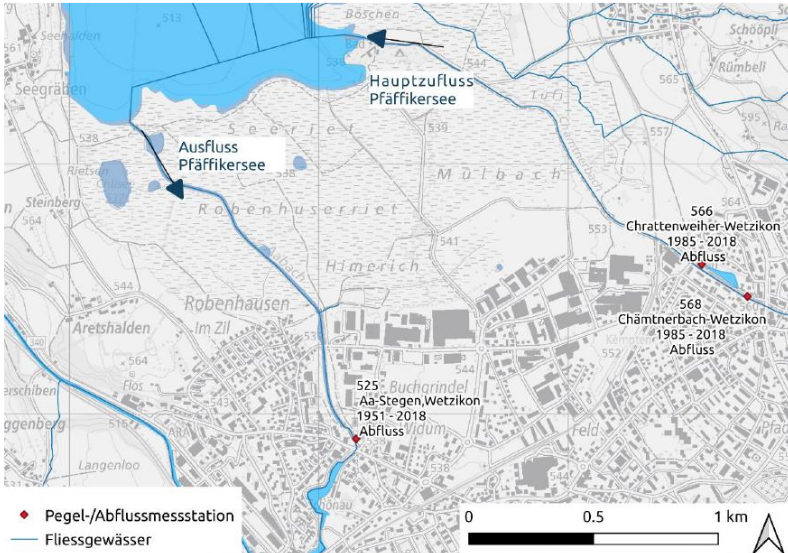 Situation Hauptzufluss, Seeausfluss, Pegelmessstationen