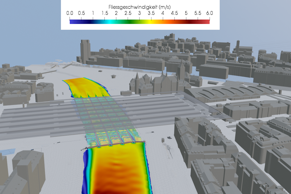 Fliessgeschwindigkeiten (an der Wasseroberfläche) der 3D-CFD Simulation beim Sihldurchlass mit 3D Stadtmodell, Blick in Fliessrichtung, Kt. Zürich
