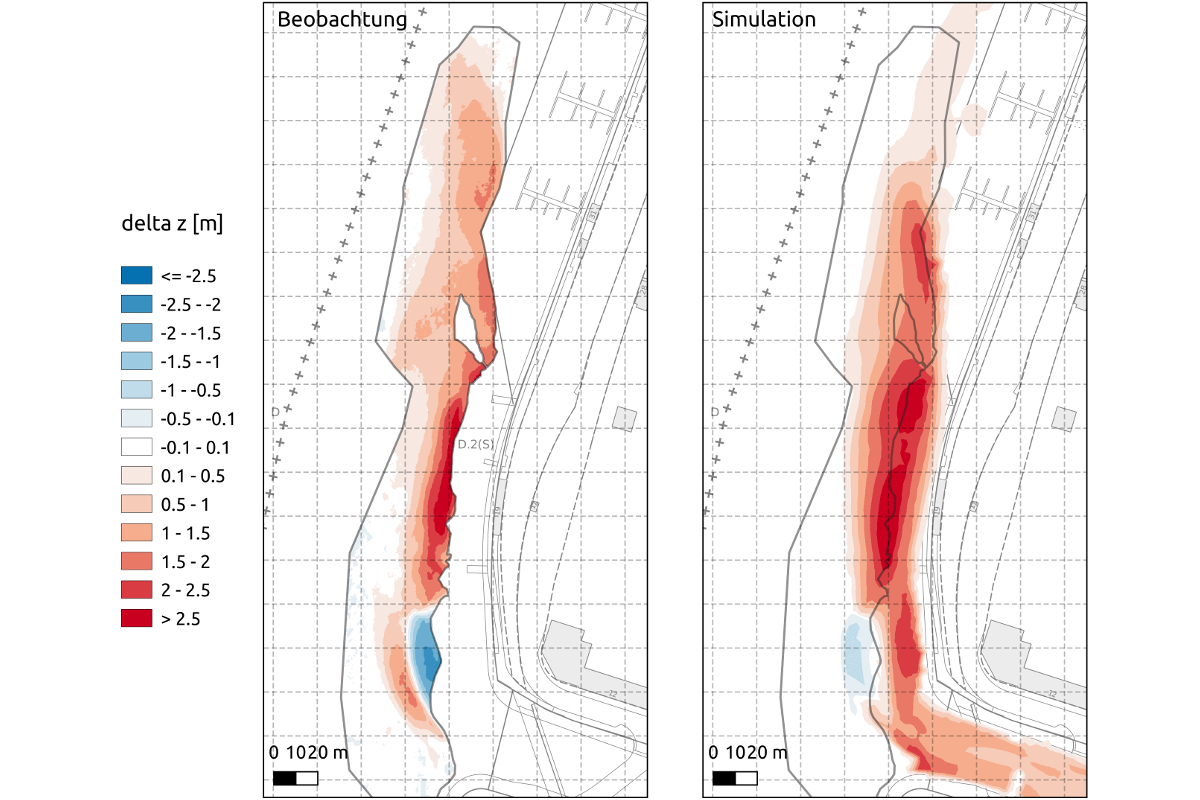 Morphology at the River Wiese estuary with bedlevel changes of oberservations (left) and morphodynamic 2-D simulations (right), Canton Basel-Stadt