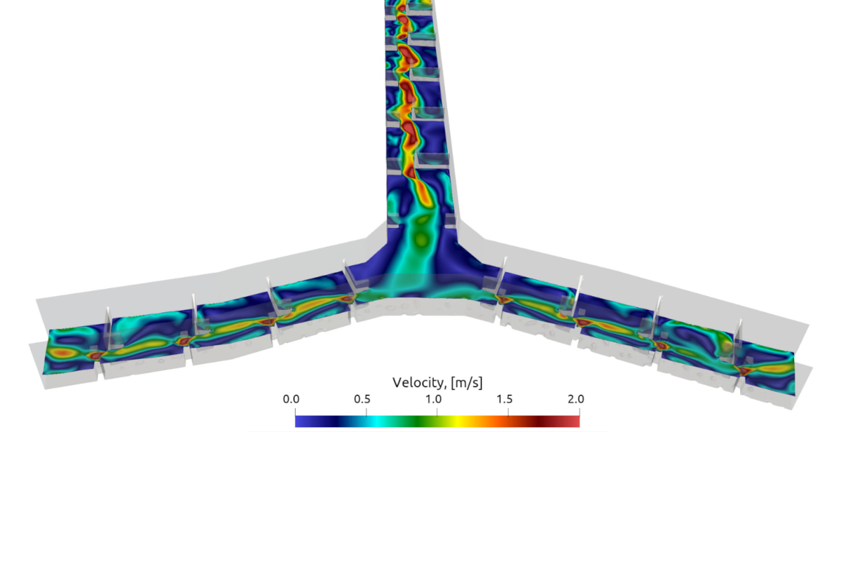 2-phase simulation of a vertical fish pass with a distribution basin, Canton Bern